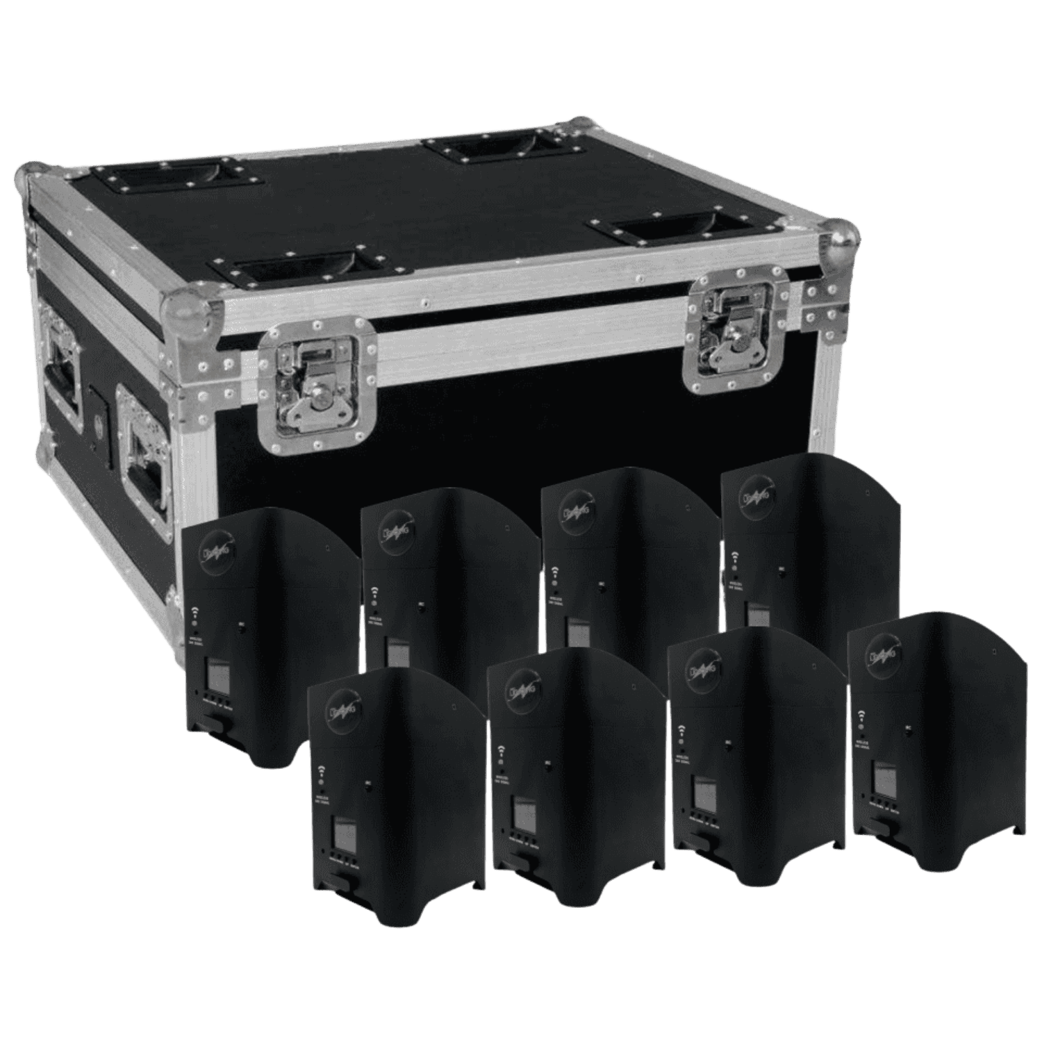 Baule FlightCase con 8pz Faretti NERI Smart Battery LED RGBWA-UV WiFi a Batteria e Telecomando Wireless 1 Baule FlightCase con 8pz Faretti NERI Smart Battery LED RGBWA UV WiFi a Batteria e Telecomando Wireless 1